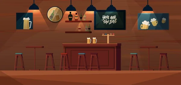 Beer Bar Cartoon Vector Interior Bar Counter Shelves Alcohol Bottles — Stock Vector
