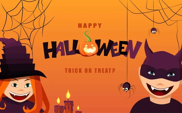 Boldog Halloween Kézírásos Szöveget Sütőtök Boszorkányok Kalap Gyertyák Üdvözlőlap — Stock Vector