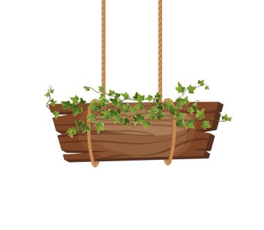 Boş ahşap tahtalar sarmaşık dallarıyla iplerde sallanıyor. Oyun afişi. Çizgi film vektör illüstrasyonu.