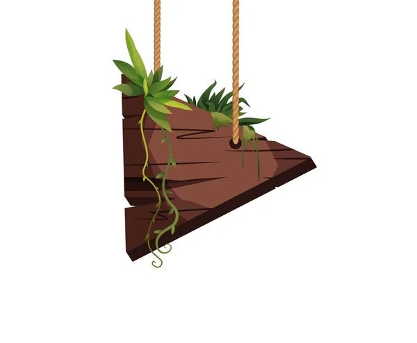 熱帯の葉を持つロープにぶら下がっている空の木製の板 レトロゲームのためのバナー — ストックベクタ
