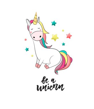 Tek boynuzlu atların sihirli dizaynı ve el yazısı alıntıları. Kart, poster, tişört, davetiye, pankart şablonu için vektör ilülasyonu.