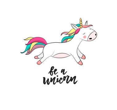 Tek boynuzlu atların sihirli dizaynı ve el yazısı alıntıları. Kart, poster, tişört, davetiye, pankart şablonu için vektör ilülasyonu.