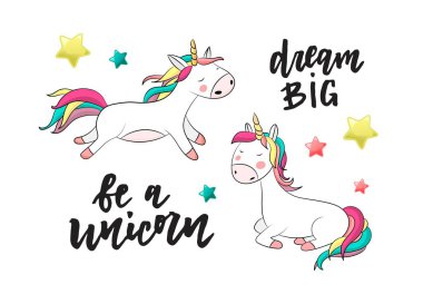 Tek boynuzlu atların sihirli dizaynı ve el yazısı alıntıları. Kart, poster, tişört, davetiye, pankart şablonu için vektör ilülasyonu.