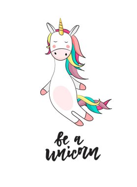 Tek boynuzlu atların sihirli dizaynı ve el yazısı alıntıları. Kart, poster, tişört, davetiye, pankart şablonu için vektör ilülasyonu.