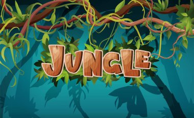 Jungle hand lettering wooden text. Textured cartoon letters. Liana or vine winding branches. Rainforest tropical climbing plants. clipart