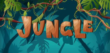 Orman işçisi ahşap metin yazıyor. Çizgi film harfleri. Liana veya sarmaşık dalları. Yağmur ormanları tropikal tırmanış bitkileri.