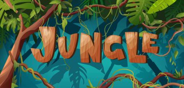 Jungle hand lettering wooden text. Textured cartoon letters. Liana or vine winding branches. Rainforest tropical climbing plants. clipart