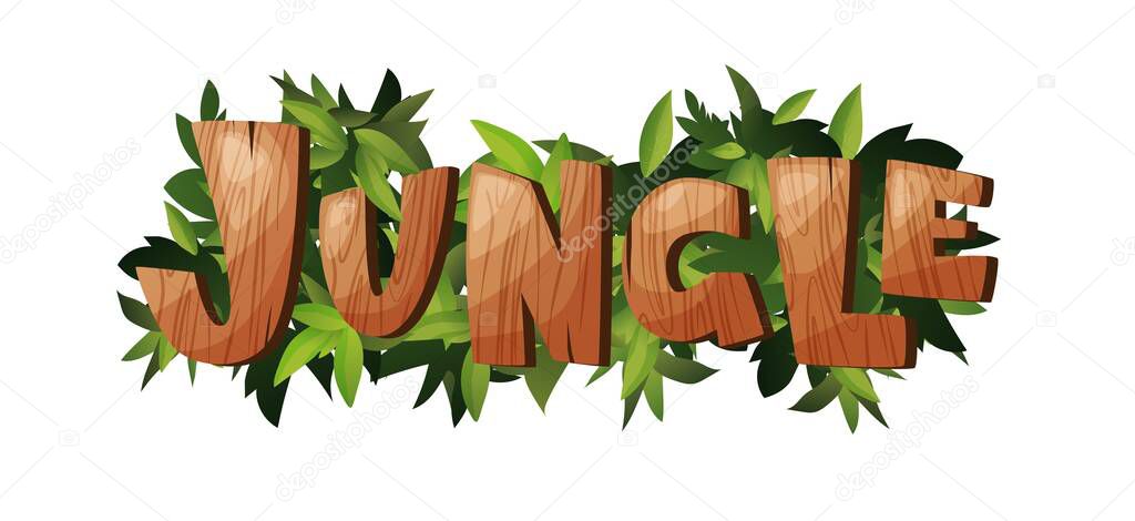 Jungle hand lettering wooden text. Textured cartoon letters. Vector illustration.