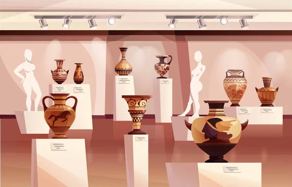 Museumsinterieur Mit Antiken Griechischen Vasen Alten Traditionellen Tongefäßen Oder Töpfen — Stockvektor