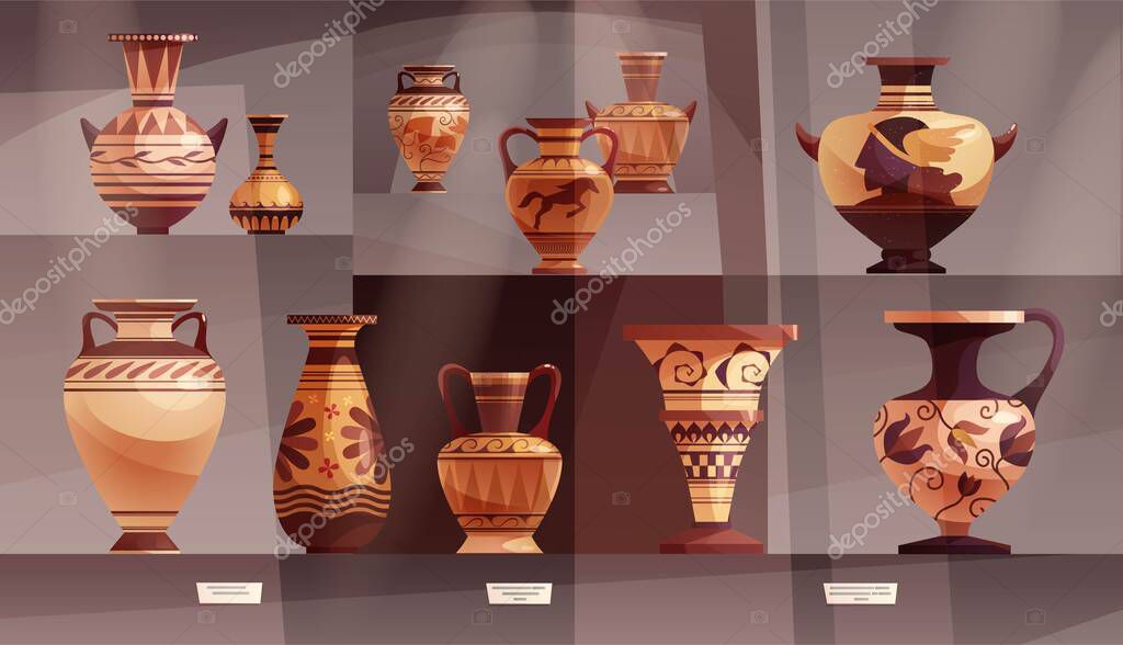 Antique Greek vase with decoration. Ancient traditional clay jar or pot for wine.