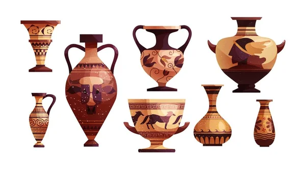 Starořecká váza s dekorací. Starověké tradiční hliněné nádoby nebo hrnce na víno. Vektorová kreslená ilustrace. — Stockový vektor