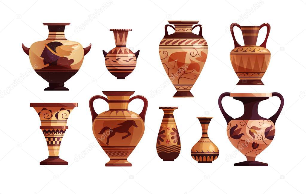 Antique Greek vase with decoration. Ancient traditional clay jar or pot for wine.