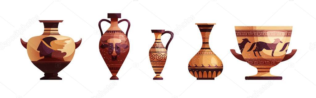 Antique Greek vase with decoration. Ancient traditional clay jar or pot for wine.