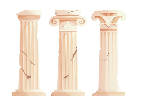 Antique broken Greek columns. Ancient Roman pillar. Building design elements. Cartoon vector illustration. — Stock Vector