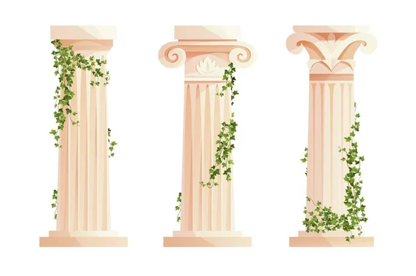 Colonne grecque antique avec branches grimpantes en lierre. Pilier romain. Éléments de conception et décoration du bâtiment. Illustration vectorielle de bande dessinée. — Image vectorielle