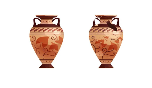 Kırık eski vazolar. Seramik arkeolojik kap. Şarap için antika geleneksel kil kavanozu. Vektör çizgi film illüstrasyonu. — Stok Vektör
