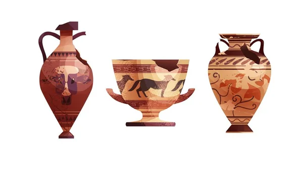 Gebroken oude vazen. Keramische archeologische pot. Antieke traditionele klei pot voor wijn. Vector cartoon illustratie. — Stockvector