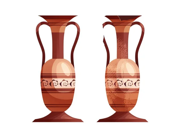 Vasi antichi rotti. Pentola archeologica in ceramica. Antico barattolo di argilla tradizionale per vino. Illustrazione del cartone animato vettoriale. — Vettoriale Stock