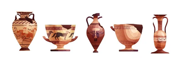 Rozbité starověké vázy. Keramický archeologický hrnec. Starožitná hliněná sklenice na víno. Vektorová kreslená ilustrace. — Stockový vektor