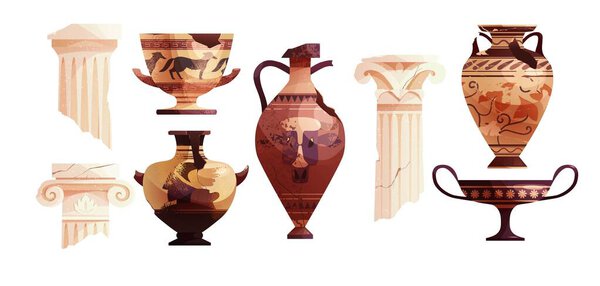 Broken ancient vases and Greek columns. Ancient Roman pillar. Ceramic archaeological pot. Antique traditional clay jar for wine.