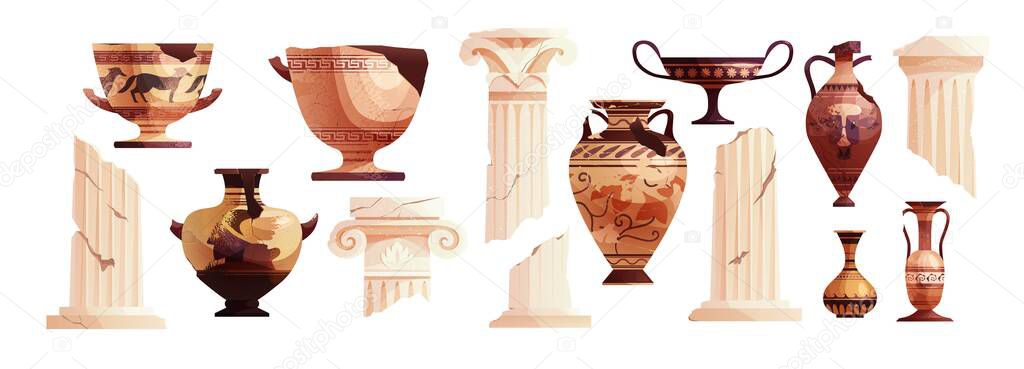 Broken ancient vases and Greek columns. Ancient Roman pillar. Ceramic archaeological pot. Antique traditional clay jar for wine.