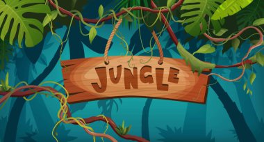 Orman işçisi ahşap metin yazıyor. Çizgi film harfleri. Liana veya sarmaşık dalları. Yağmur ormanları tropikal tırmanış bitkileri.