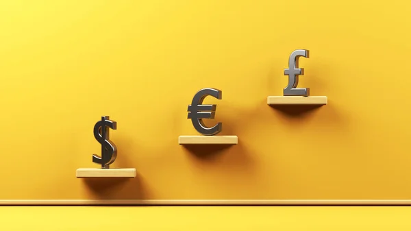 Conceito Financeiro Dólar Euro Libra Símbolos Fundo Cor Amarela Composição — Fotografia de Stock