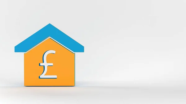 带有英镑符号的蓝色和黄色房屋形状的财务概念横向构图 复制空间3D渲染 — 图库照片