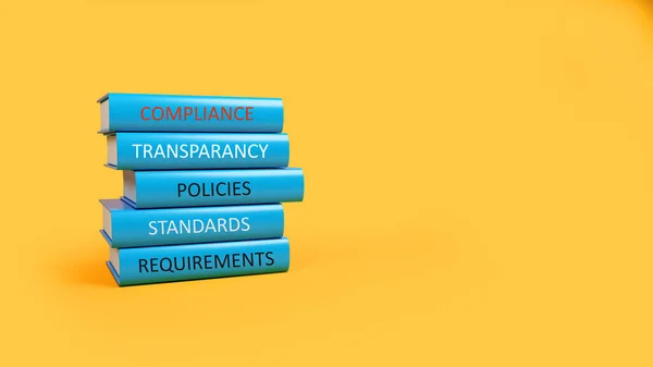 Blue books listed under compliance on blue background horizontal composition with copy space 3d render