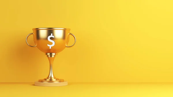 金色のカップと黄色の背景色のドルテキストコピースペース3Dレンダリング付き水平組成 — ストック写真