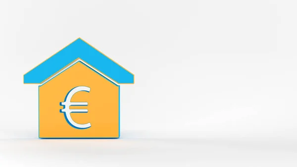 财务概念黄色和蓝色房屋形状 欧元符号隔离在白色背景上横向构图 复制空间3D渲染 — 图库照片