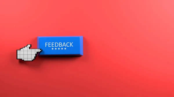 反馈概念带有反馈文本的蓝色按钮和带有复制空间3D渲染的红色背景水平构图上的手动光标 — 图库照片