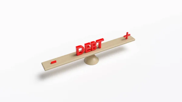 Pénzügyi Koncepció Vörös Színű Adósság Szöveg Mínusz Plusz Szimbólum Elszigetelt — Stock Fotó