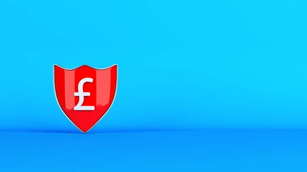 财务概念红色盾牌和白色英镑符号在蓝色背景上具有复制空间3D渲染的水平构图 — 图库照片