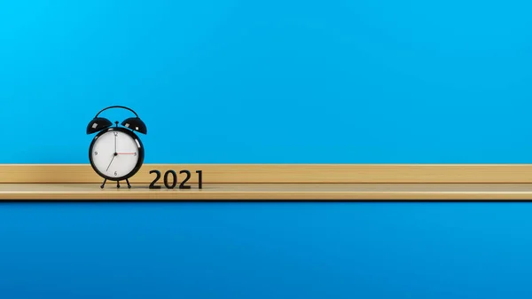 Tiny Black Colored Clock Black Colored 2021 Text Standing Wooden — Stock Photo, Image