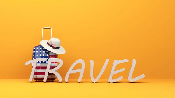 Utazási Koncepció Amerikai Zászlós Bőrönd Utazási Szöveggel Sárga Színű Háttér — Stock Fotó