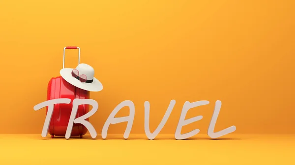 Travel Concept Red Colored Suitcase Travel Text Yellow Colored Background — Stock Photo, Image