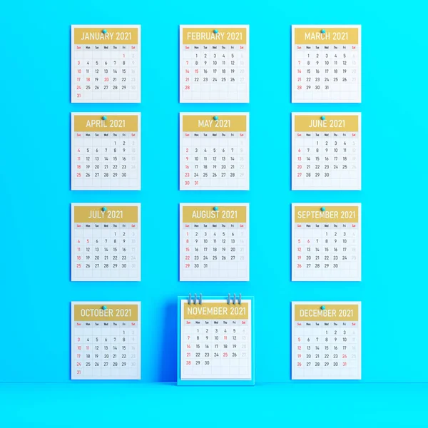 Wiele Stron Kalendarza Niebieskim Tle Kwadratowa Kompozycja Kopią Przestrzeni Renderowania — Zdjęcie stockowe