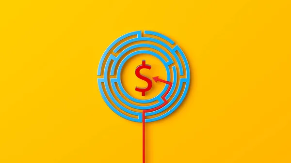 Finansal Konsept Kırmızı Dolar Işareti Mavi Daire Şeklinde Labirent Sarı — Stok fotoğraf