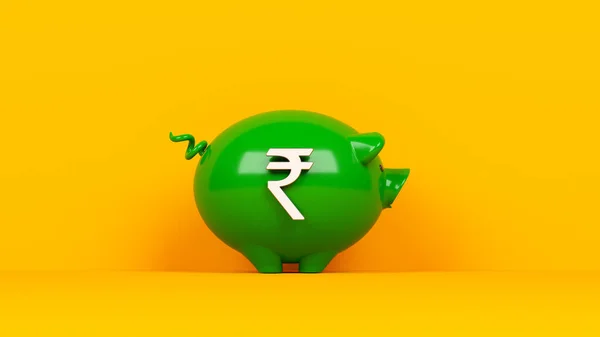 Finance Concept White Colored Rupee Symbol Green Colored Piggy Bank — Stock Photo, Image