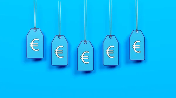 Concepto Financiero Colgado Cuerdas Etiquetas Color Azul Símbolo Euro Sobre — Foto de Stock