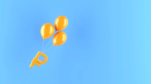 Orangefarbenes Rubel Symbol Und Orangefarbene Luftballons Auf Blauem Hintergrund Horizontale — Stockfoto