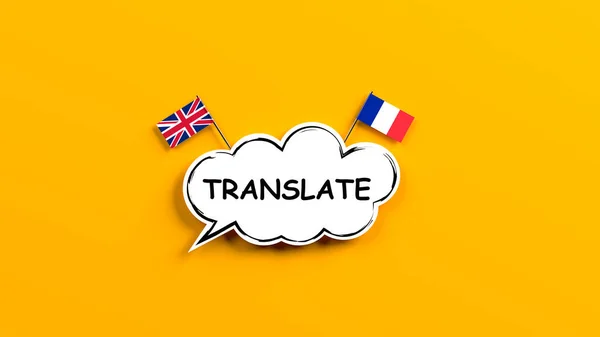 English and French translation concept. Black-framed cloud-shaped speech bubble with translate text and tiny England and French flags on the yellow-colored background. Horizontal composition with copy space