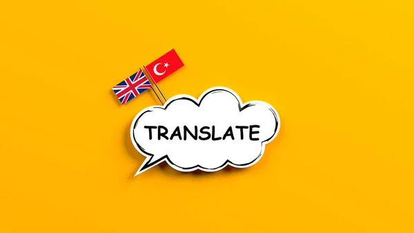 English and Turkish translation concept. Black-framed cloud-shaped speech bubble with translate text and tiny England and Turkey flags on the yellow-colored background. Horizontal composition with copy space