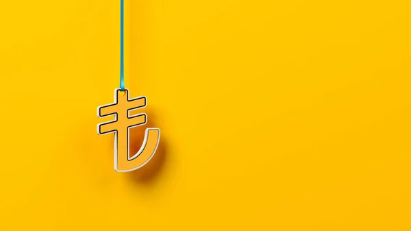 黄色的土耳其里拉符号用绳子挂在橙色的背景上 具有复制空间的水平构图 — 图库照片
