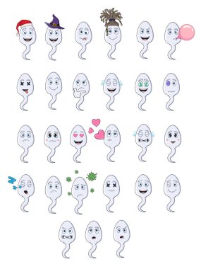 Çizgi film sperm simgeleriyle dolu büyük bir set. Beyaz arka planda izole edilmiş emoji. hisse illüstrasyonu