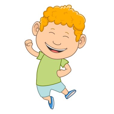  Çocuk mutlu bir şekilde atlıyor. Çizgi film çocuğu. Beyaz arkaplan vektör illüstrasyonunda izole