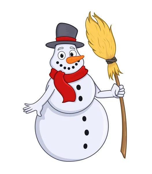 Snowman Broom Vector Illustration Cartoon Style Isolated White Background — Stock Vector