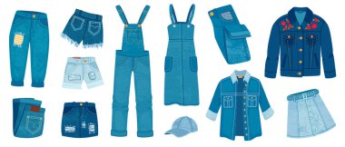 Kot pantolonlar. Yırtık kot sıradan moda. Çizgi film modasına uygun kot ceket, pantolon ve şort, etek ve elbise. Mavi kıyafet modelleri, vektör kümesi