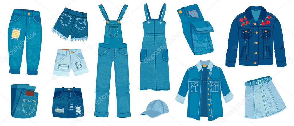 Jeans clothes. Ripped denim casual fashion. Cartoon trendy jean jacket, pants and shorts, skirts and dress. Blue outfit models, vector set